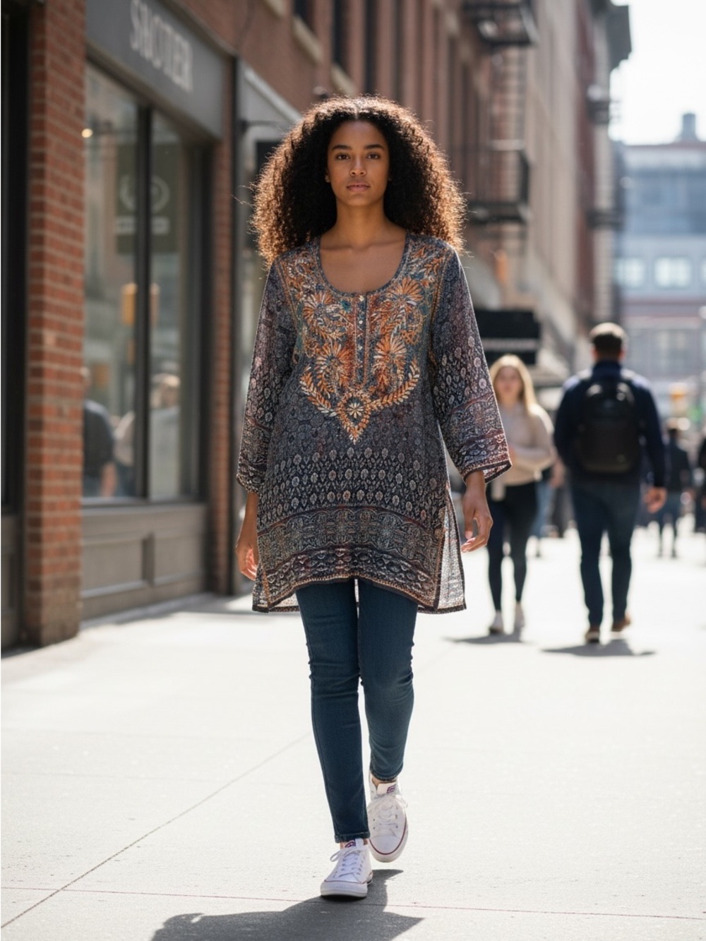 Lola P. Grey Tunic with Orange Embroidered Medallion silk/polyester blend size L